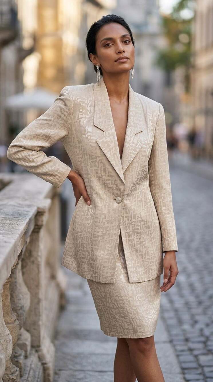 Eleanor P Brenner Skirt Suit Set Size 6 Beige Silk Jacquard Two-Piece